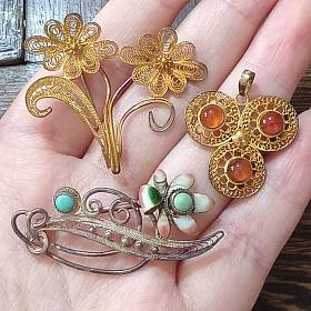 老银非遗花丝镶嵌银鎏金纯银胸针吊坠