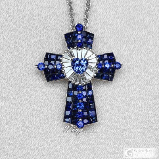 Ning Jewellery 心形蓝宝石镶钻石18K金十字架项链深邃蓝色无边镶_镶嵌珠宝