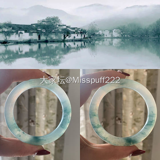 新收的小宝贝，冰飘蓝花，有种醉卧江南 烟雨乌龙的感觉~~_手镯翡翠