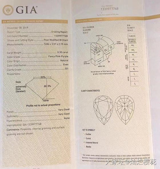 GIA30份水滴，中彩粉紫
净度SI1肉眼干净完全看不到瑕疵
切工VG VG完美..._钻石