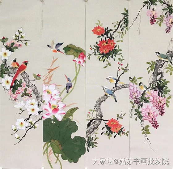 纯手绘，工笔花鸟四条屏
34x138cm（4幅）_收藏