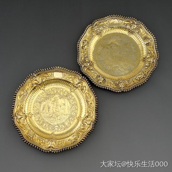 今天斩获两个1758年由法裔胡格诺派银匠～巴蒂与赫恩制作纯银鎏金手工錾刻观赏对盘_银西洋银器