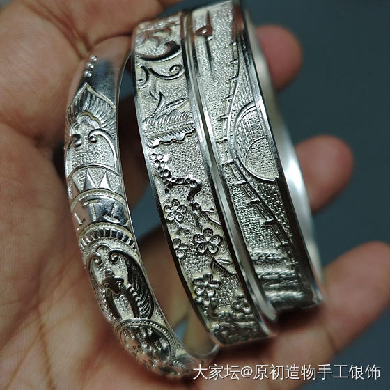 手工簪刻浮雕银镯_银