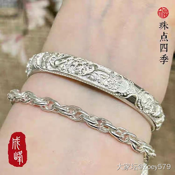 蹲 成峰足银【珠点边框四季】手工錾刻浮雕 银镯，圈口58-60_银
